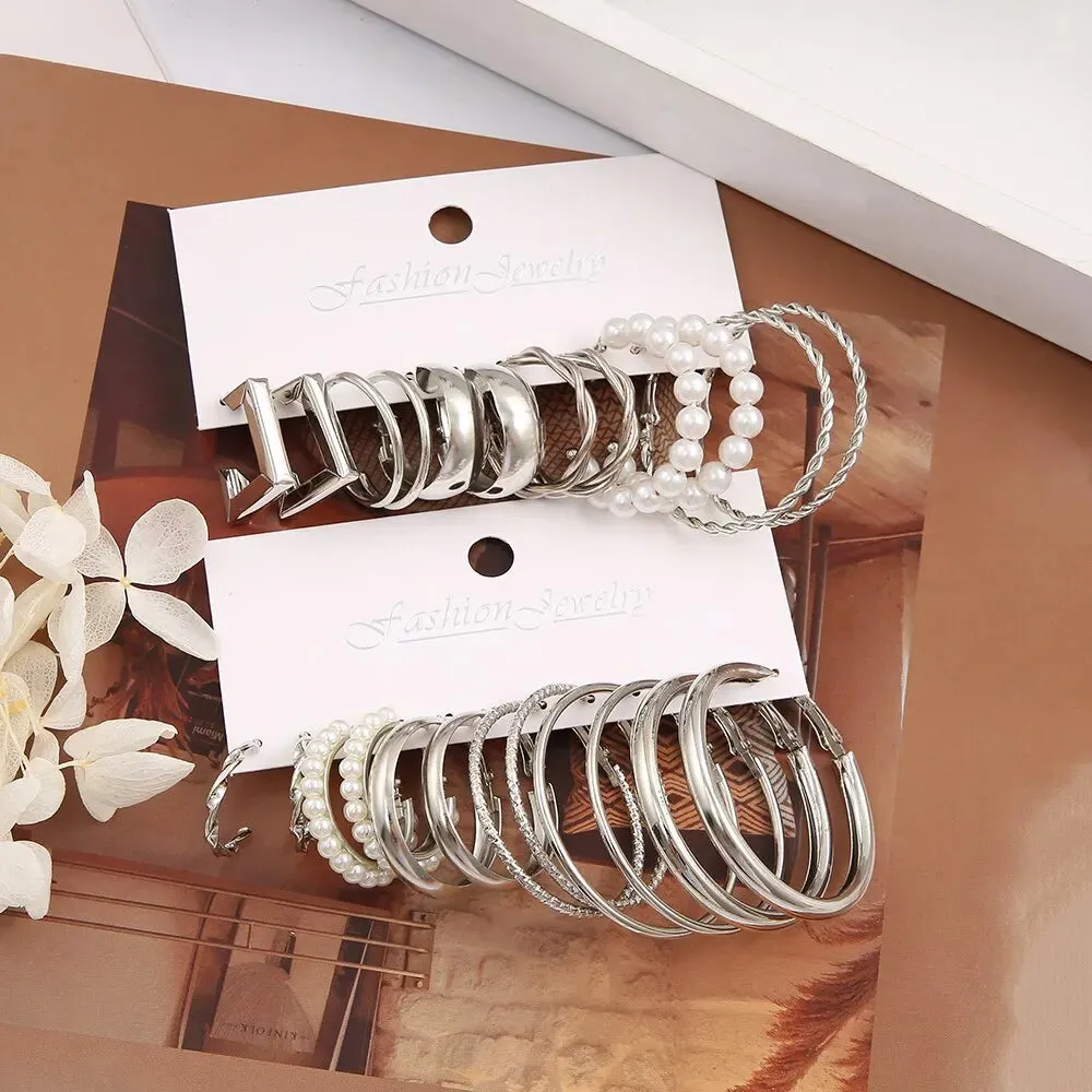 12pc Silver Alloy Square Geometric Vintage Earrings Set