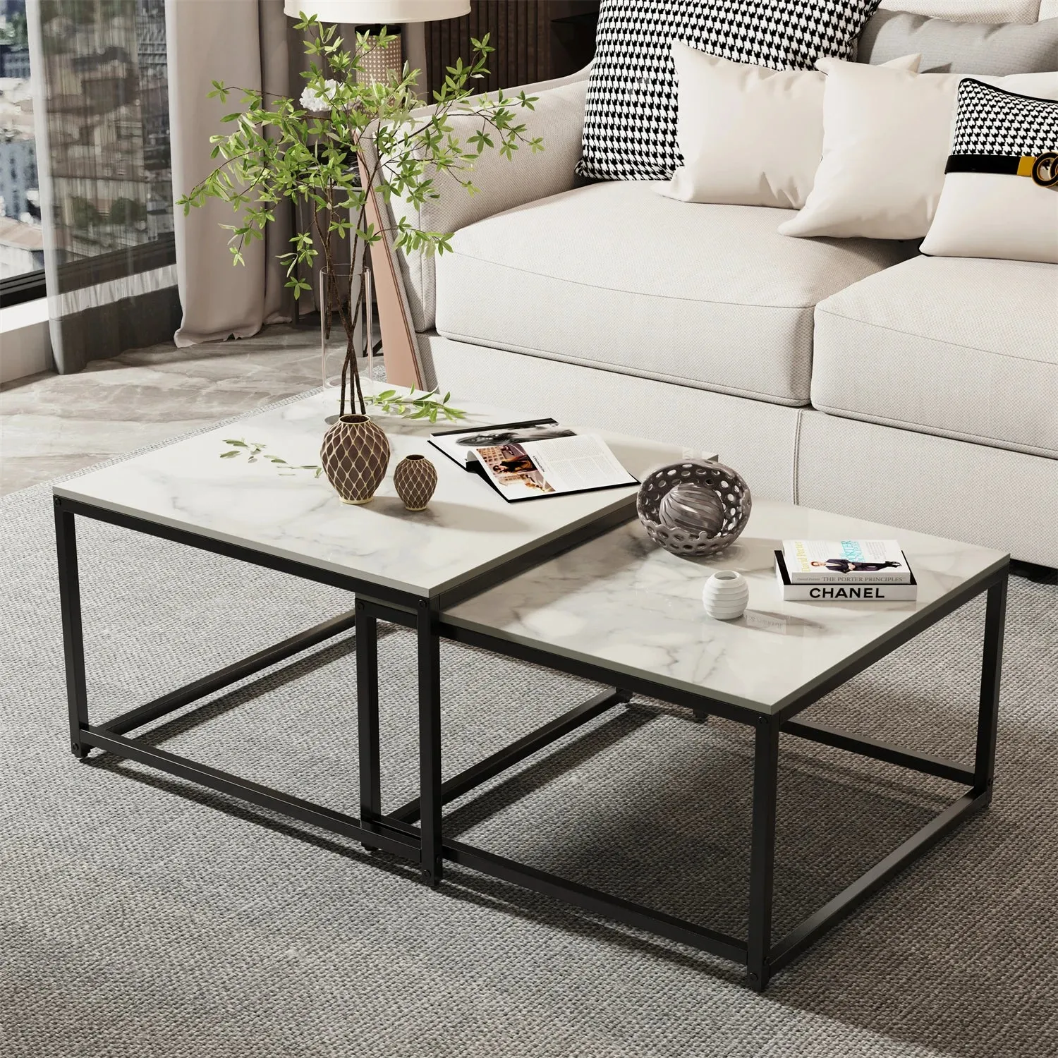 2 Marble Nesting Coffee Tables Living Room Display End Side Accent Furniture Occasional Set