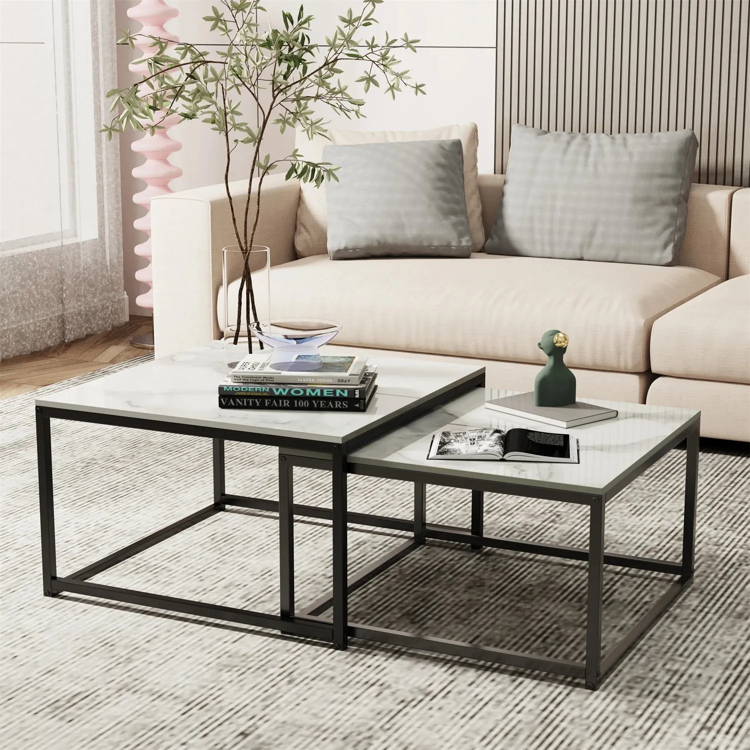 2 Marble Nesting Coffee Tables Living Room Display End Side Accent Furniture Occasional Set