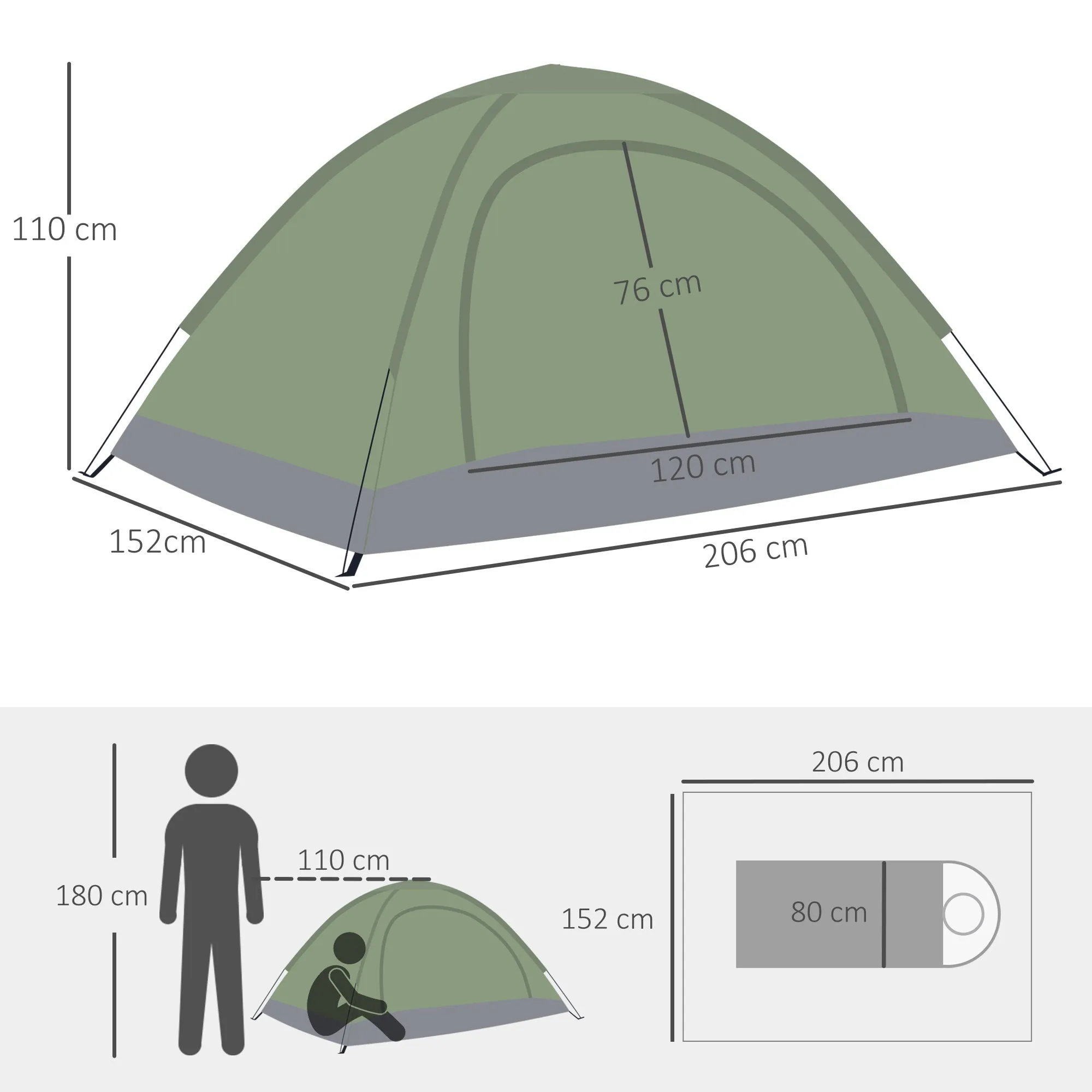 2 Person Camping Tent Camouflage Tent with Zipped Doors Storage Pocket Portable Handy Bag Dark Green