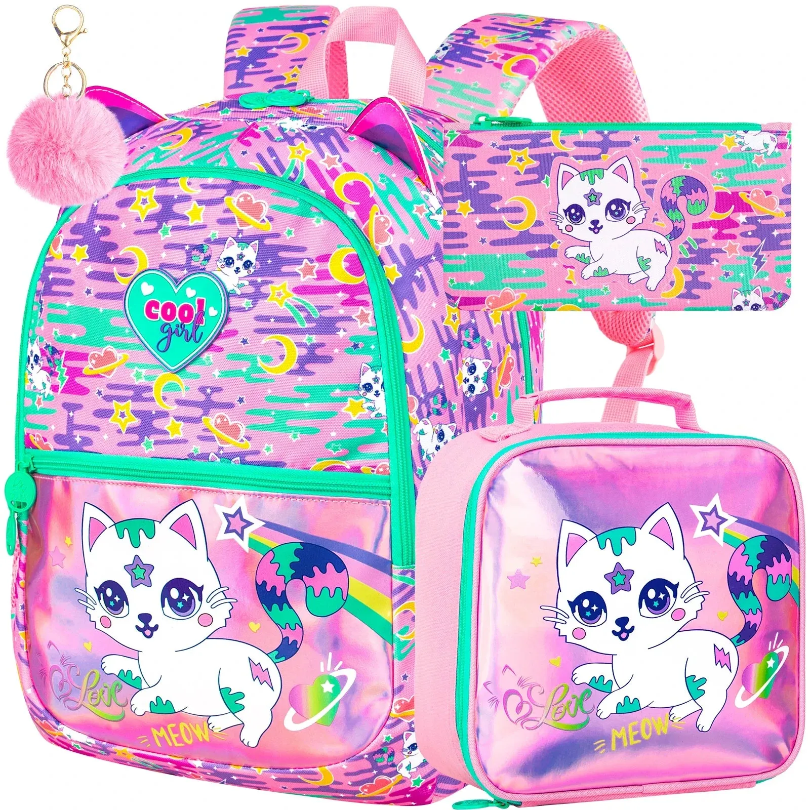 3 Piece Cat Backpack Set For Girls 16.5 Inch Bookbag With Lunch Box Waterproof Lightweight Kindergarten / Preschool