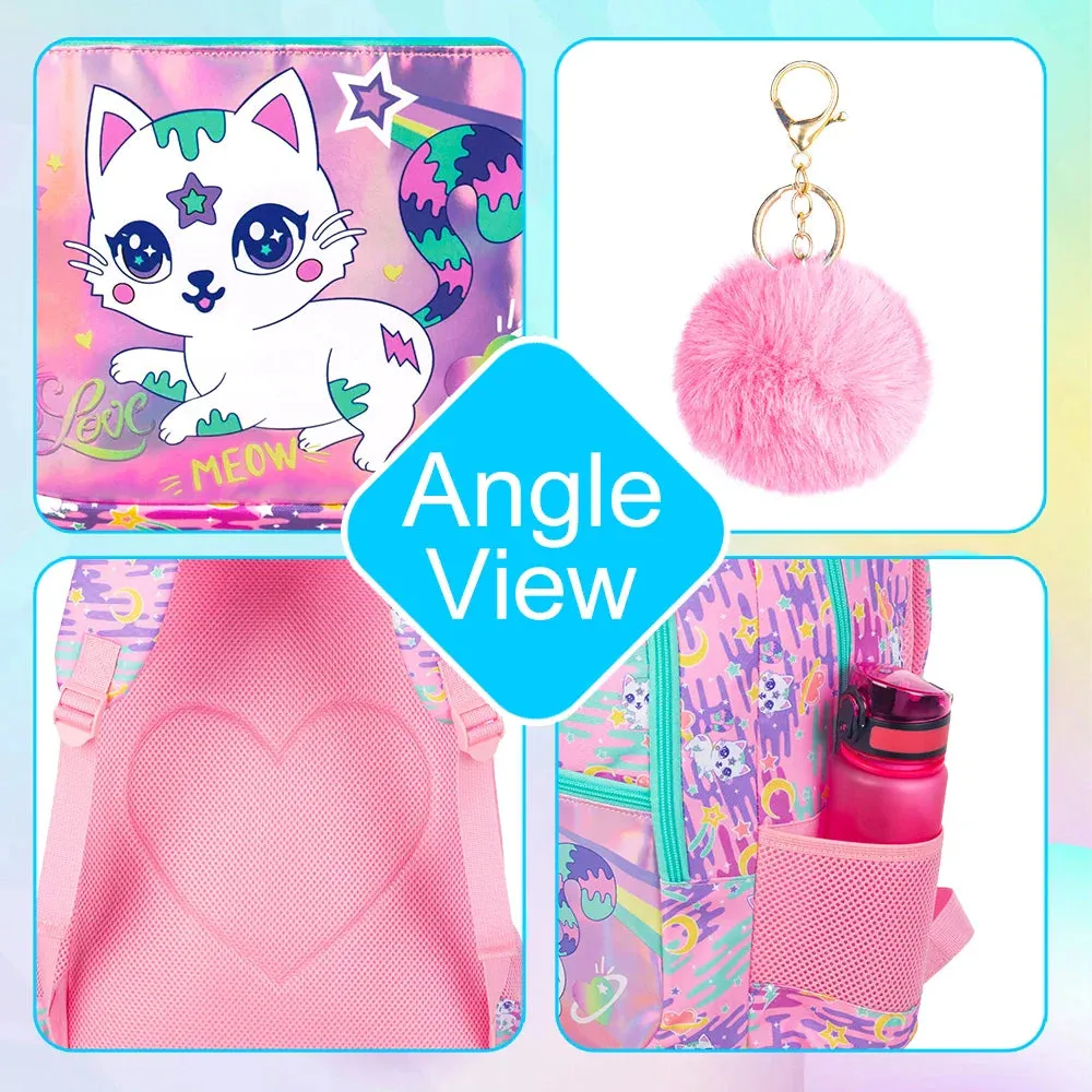 3 Piece Cat Backpack Set For Girls 16.5 Inch Bookbag With Lunch Box Waterproof Lightweight Kindergarten / Preschool