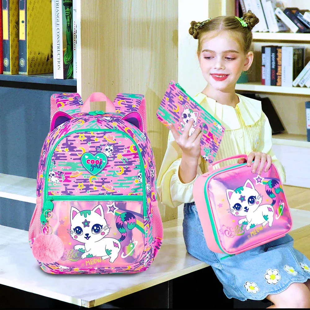 3 Piece Cat Backpack Set For Girls 16.5 Inch Bookbag With Lunch Box Waterproof Lightweight Kindergarten / Preschool