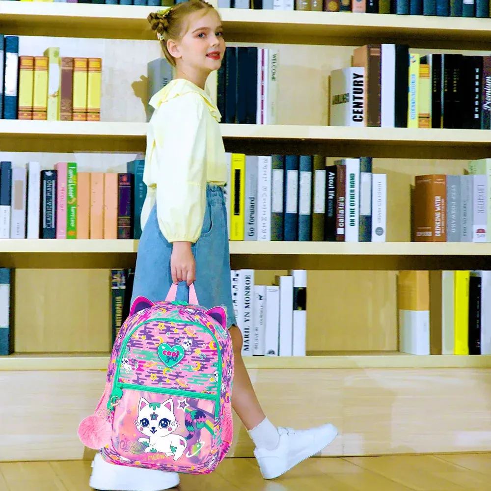 3 Piece Cat Backpack Set For Girls 16.5 Inch Bookbag With Lunch Box Waterproof Lightweight Kindergarten / Preschool