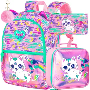 3 Piece Cat Backpack Set For Girls 16.5 Inch Bookbag With Lunch Box Waterproof Lightweight Kindergarten / Preschool