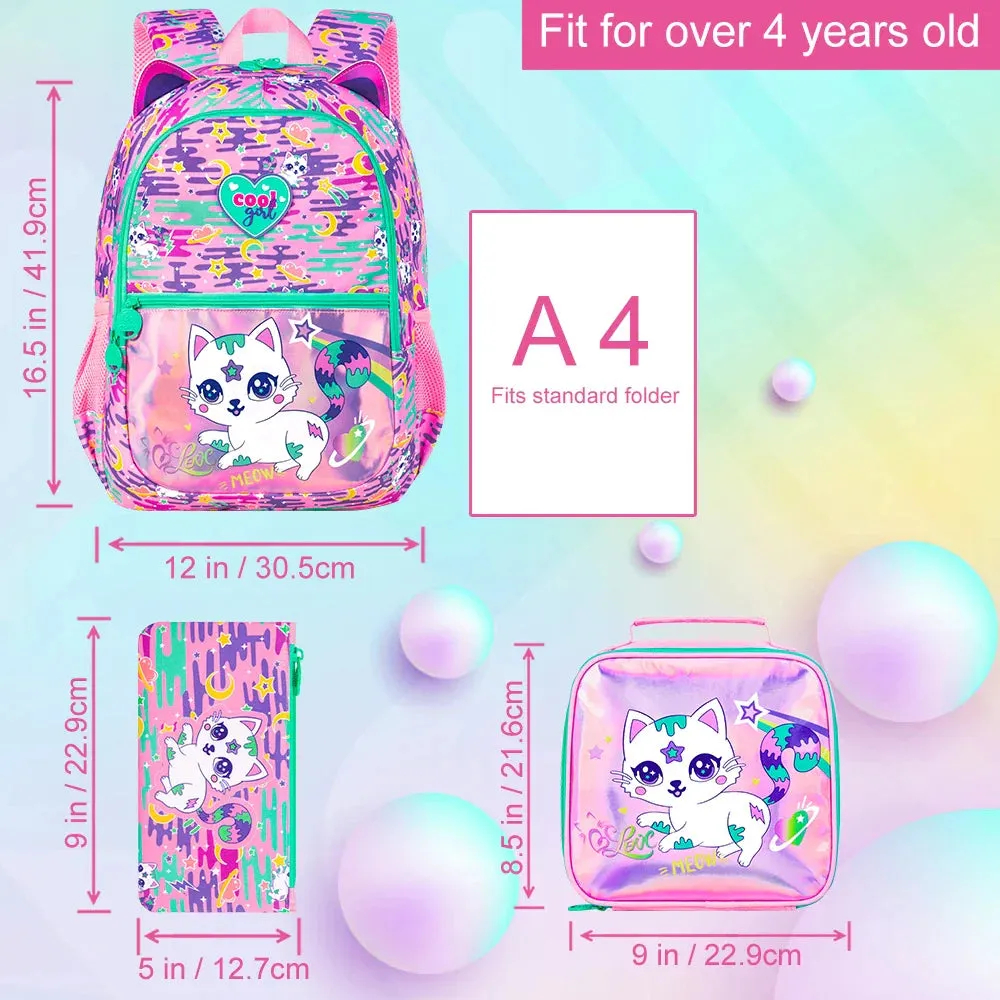3 Piece Cat Backpack Set For Girls 16.5 Inch Bookbag With Lunch Box Waterproof Lightweight Kindergarten / Preschool