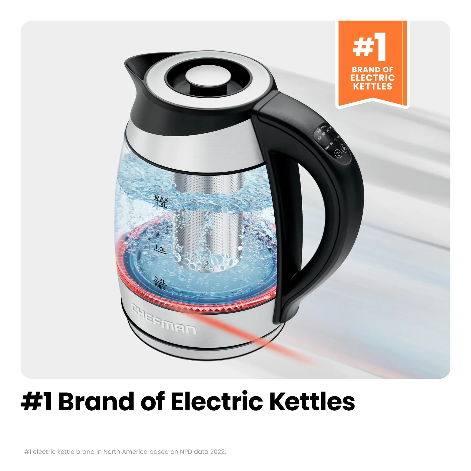 Chefman Electric Kettle with Temperature Control, 5 Presets LED Indicator Lights, Removable Tea Infuser, Glass Tea Kettle & Hot Water Boiler, 360 Swivel Base, BPA Free, Stainless Steel, 1.8 Liters