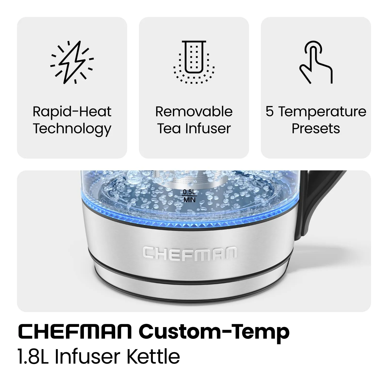 Chefman Electric Kettle with Temperature Control, 5 Presets LED Indicator Lights, Removable Tea Infuser, Glass Tea Kettle & Hot Water Boiler, 360 Swivel Base, BPA Free, Stainless Steel, 1.8 Liters