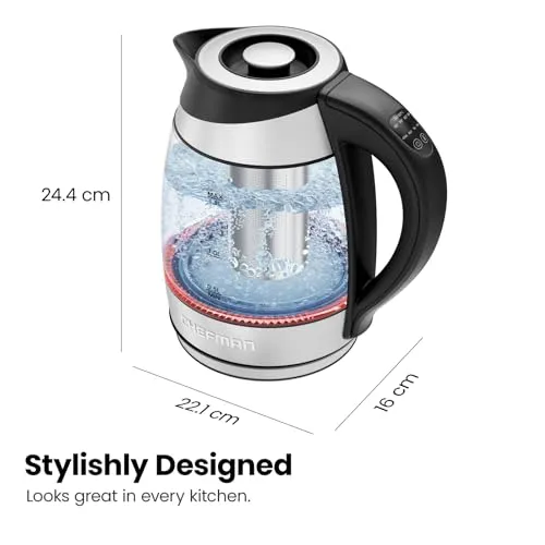 Chefman Electric Kettle with Temperature Control, 5 Presets LED Indicator Lights, Removable Tea Infuser, Glass Tea Kettle & Hot Water Boiler, 360 Swivel Base, BPA Free, Stainless Steel, 1.8 Liters