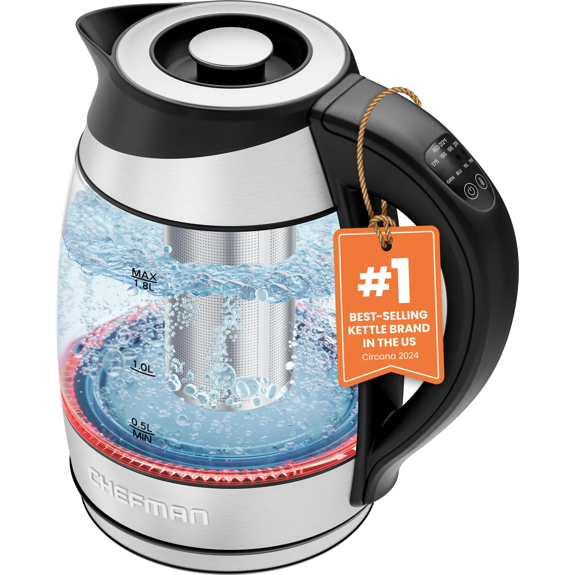 Chefman Electric Kettle with Temperature Control, 5 Presets LED Indicator Lights, Removable Tea Infuser, Glass Tea Kettle & Hot Water Boiler, 360 Swivel Base, BPA Free, Stainless Steel, 1.8 Liters