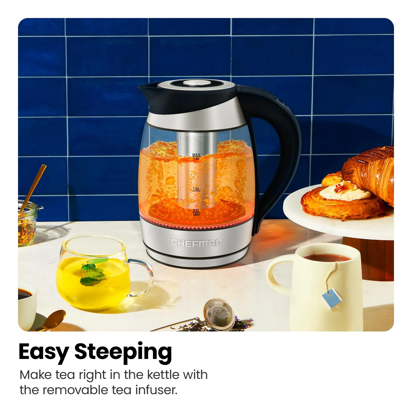 Chefman Electric Kettle with Temperature Control, 5 Presets LED Indicator Lights, Removable Tea Infuser, Glass Tea Kettle & Hot Water Boiler, 360 Swivel Base, BPA Free, Stainless Steel, 1.8 Liters