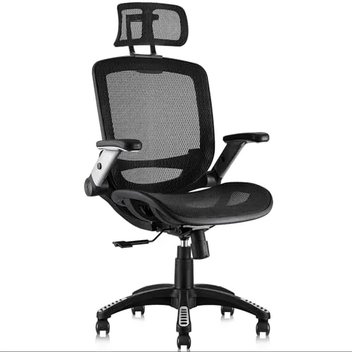 GABRYLLY Ergonomic Office Chair, High Back Home Desk Chair with Headrest, Flip-Up Arms, 90-120 Tilt Lock and Wide Cushion, Big and Tall Mesh Chairs for Man Woman, Black Task Chair