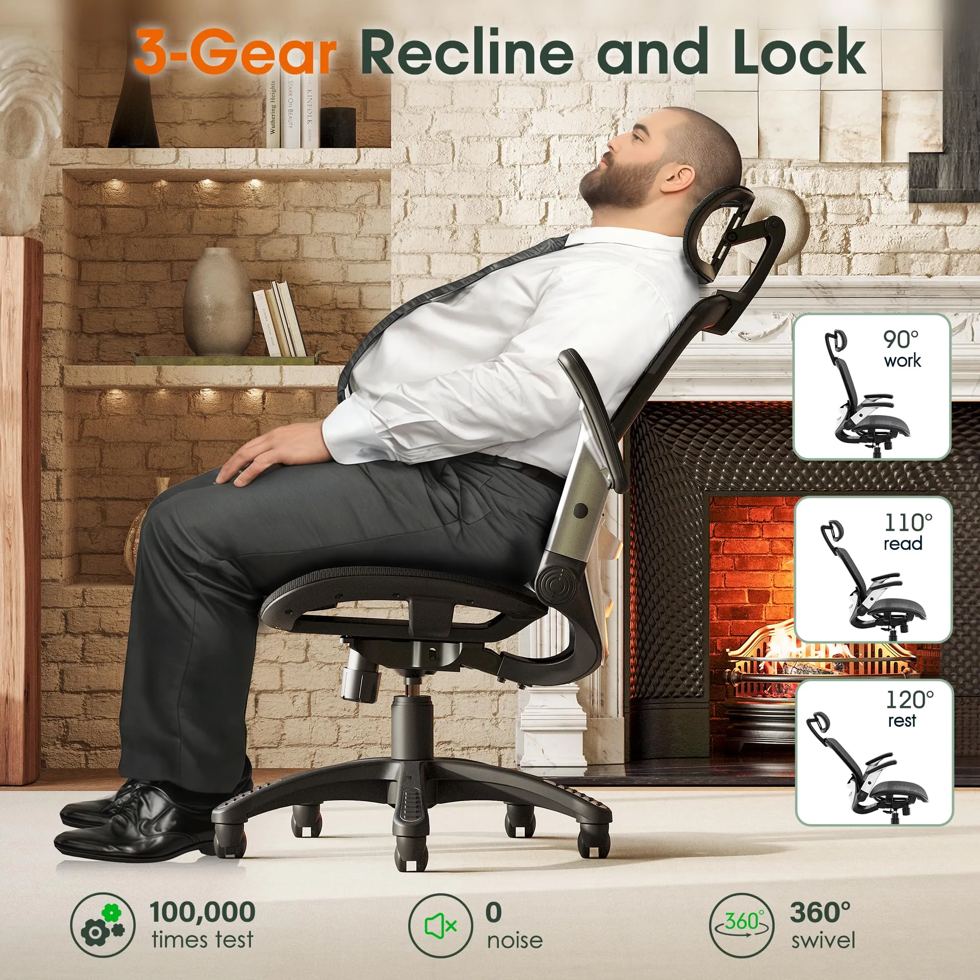 GABRYLLY Ergonomic Office Chair, High Back Home Desk Chair with Headrest, Flip-Up Arms, 90-120 Tilt Lock and Wide Cushion, Big and Tall Mesh Chairs for Man Woman, Black Task Chair