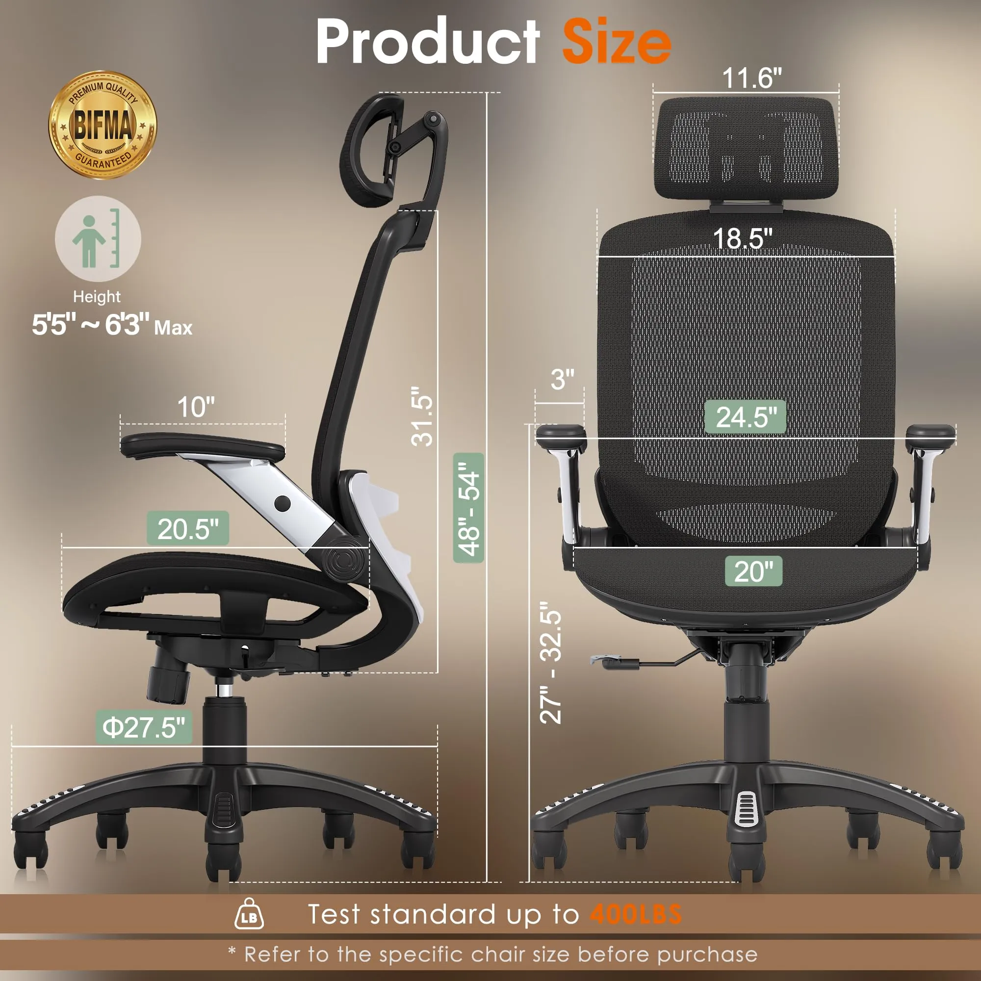GABRYLLY Ergonomic Office Chair, High Back Home Desk Chair with Headrest, Flip-Up Arms, 90-120 Tilt Lock and Wide Cushion, Big and Tall Mesh Chairs for Man Woman, Black Task Chair