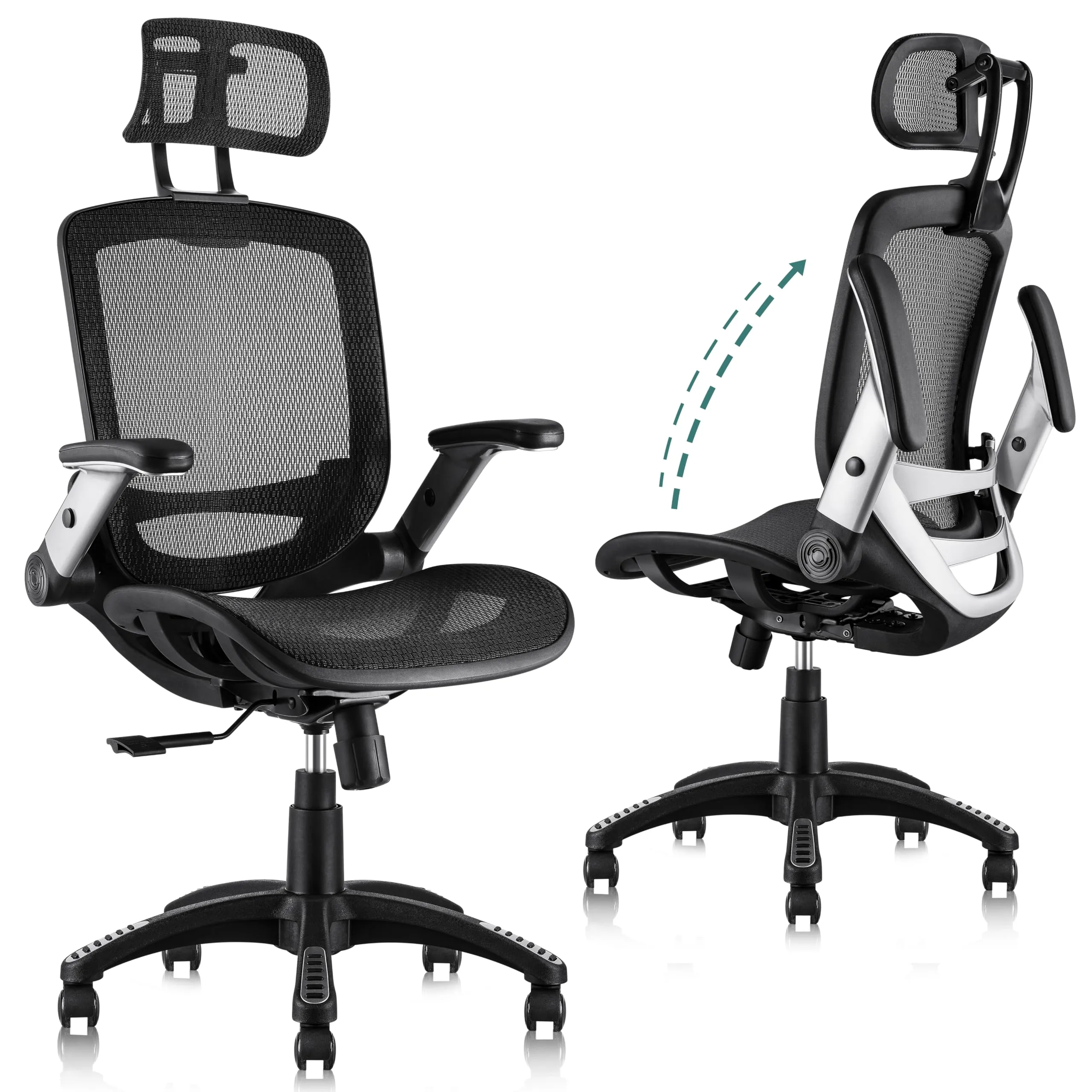 GABRYLLY Ergonomic Office Chair, High Back Home Desk Chair with Headrest, Flip-Up Arms, 90-120 Tilt Lock and Wide Cushion, Big and Tall Mesh Chairs for Man Woman, Black Task Chair