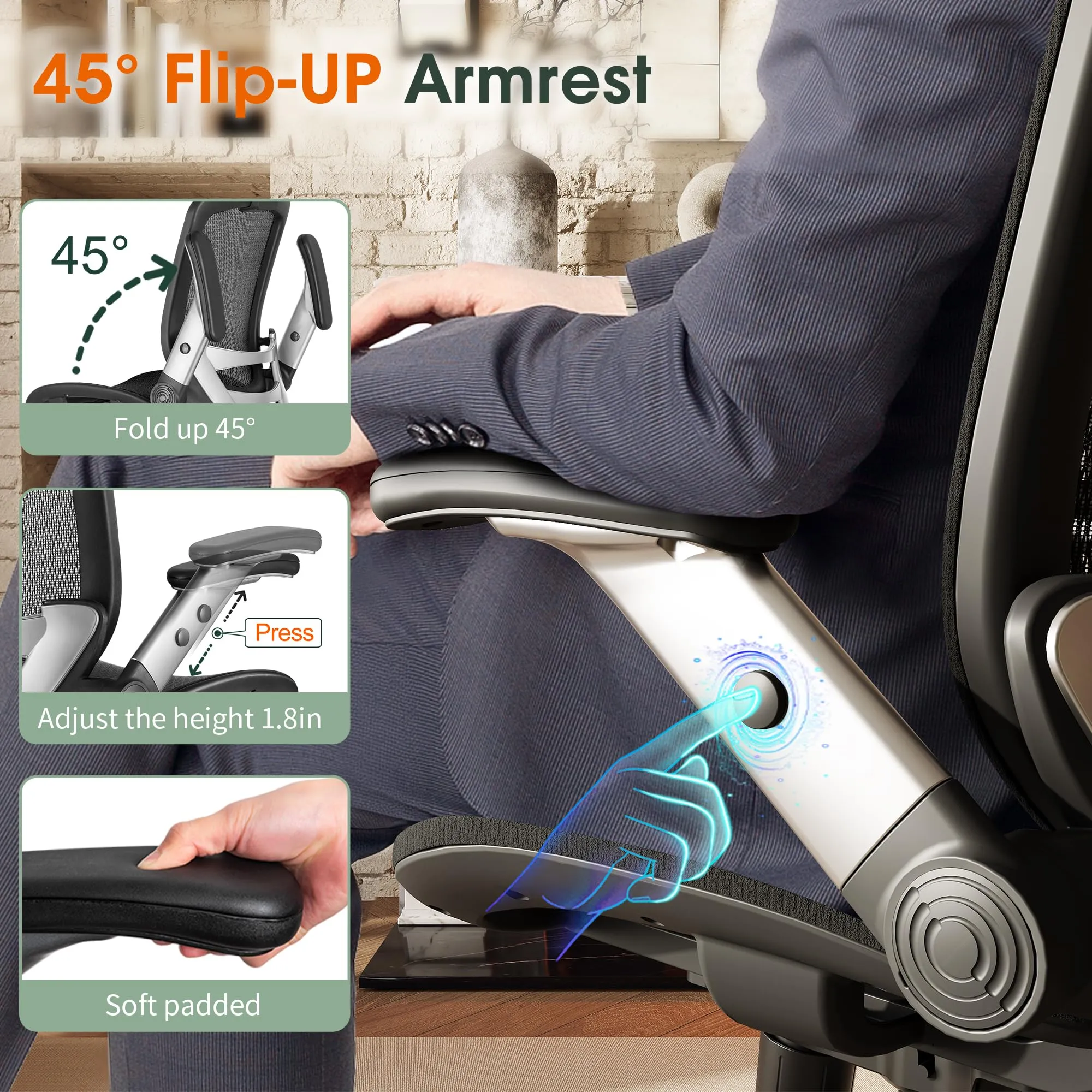 GABRYLLY Ergonomic Office Chair, High Back Home Desk Chair with Headrest, Flip-Up Arms, 90-120 Tilt Lock and Wide Cushion, Big and Tall Mesh Chairs for Man Woman, Black Task Chair